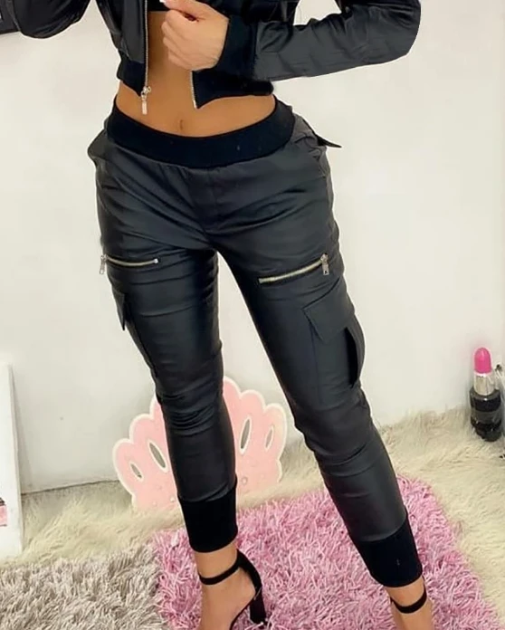 

Women Zipper Pants Summer Fashion Black Pu Leggings New In Clothing Casual Trousers Spring Slim Leather High Waisted Long Pants