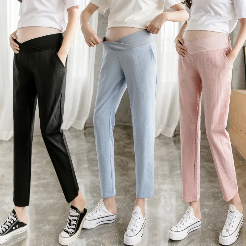 

2024 Spring and Autumn Pregnant Women's Cotton and Linen Pants Fashionable Low Waisted Elegant Maternity Formal Trousers Capris