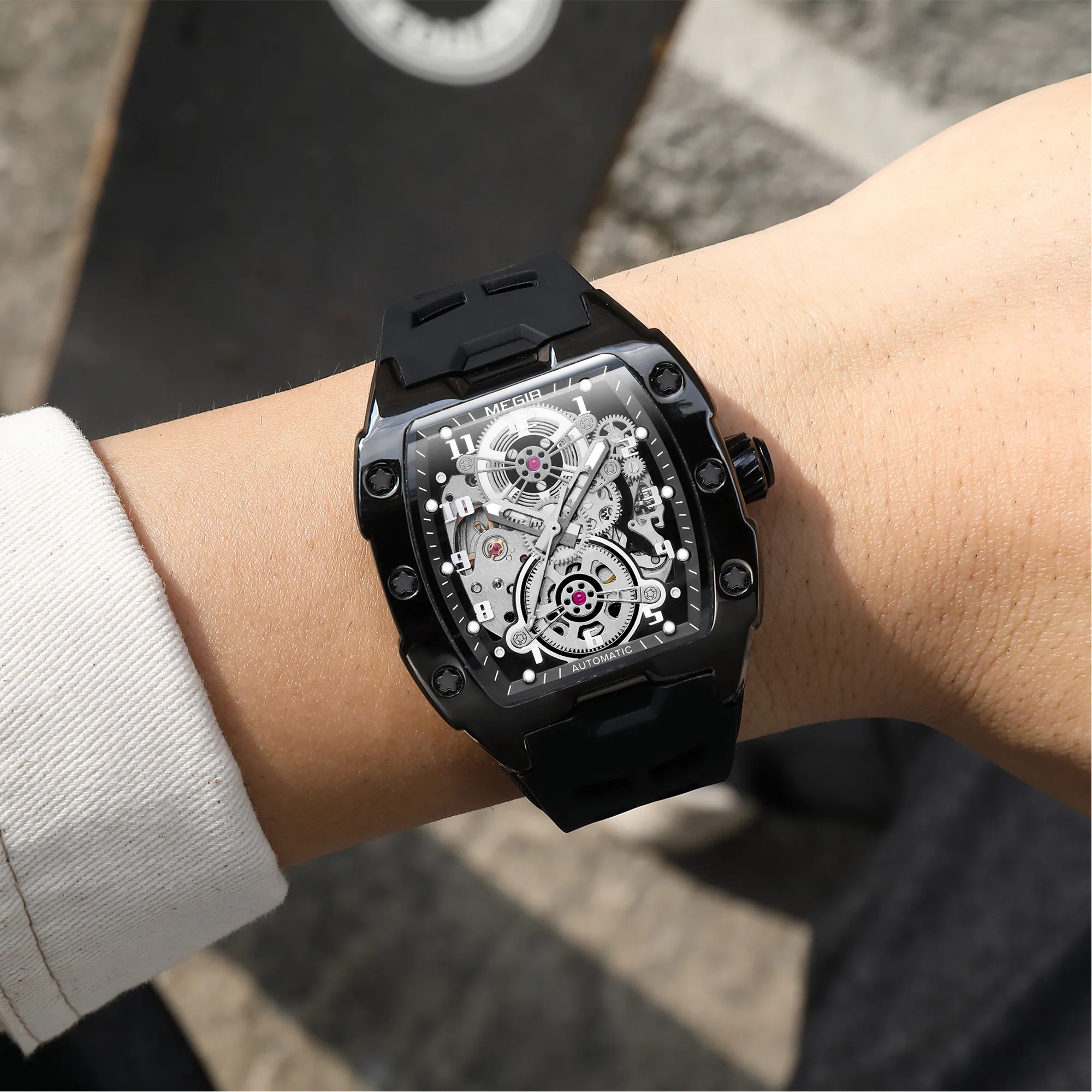 MEGIR Automatic Mechanical Watches for Men 43MM Tonneau Skeleton Dial Man Wristwatch Waterproof Luminous Male Clock Reloj Hombre - 2