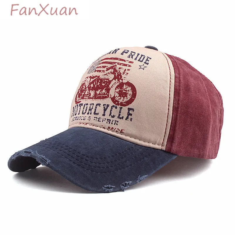 

MOTORCYCLE Printing Baseball Cap for Men Women Summer Cap Sun Hat Cotton Tricolor Patchwork Retro Frayed Summer Hat Casquette