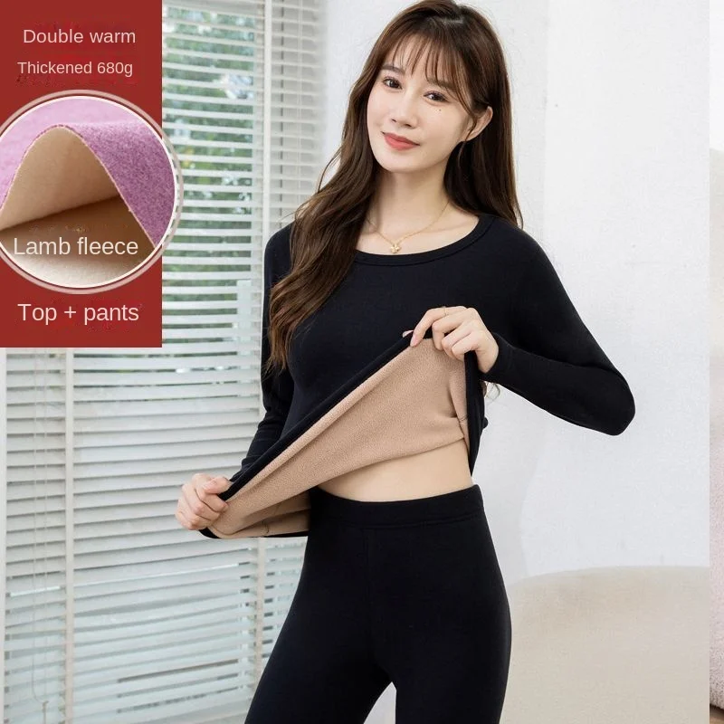 Thermal Underwear Women Suit Thicken Lamb Fleece High Elastic High Waist Long Johns Bottoming Two Piece Sets Thermos Clothing thermal underwear sets