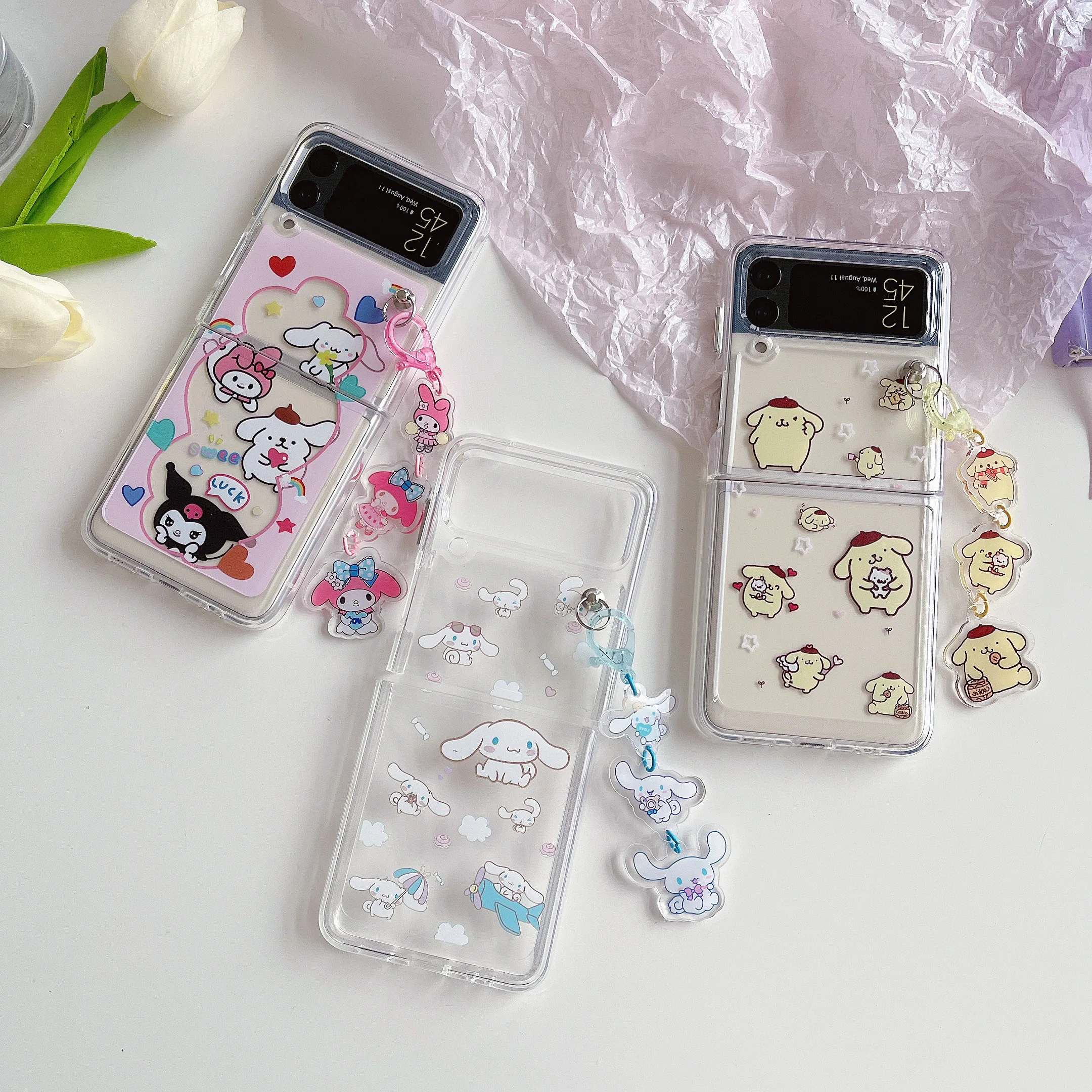 galaxy z flip3 case Sanrio kuromi my melody pom purin cinnamoroll Phone Case For Samsung Z Flip 3 5G ZFlip3 Flip3 f7110 For Galaxy transparent Cover galaxy z flip3 phone case