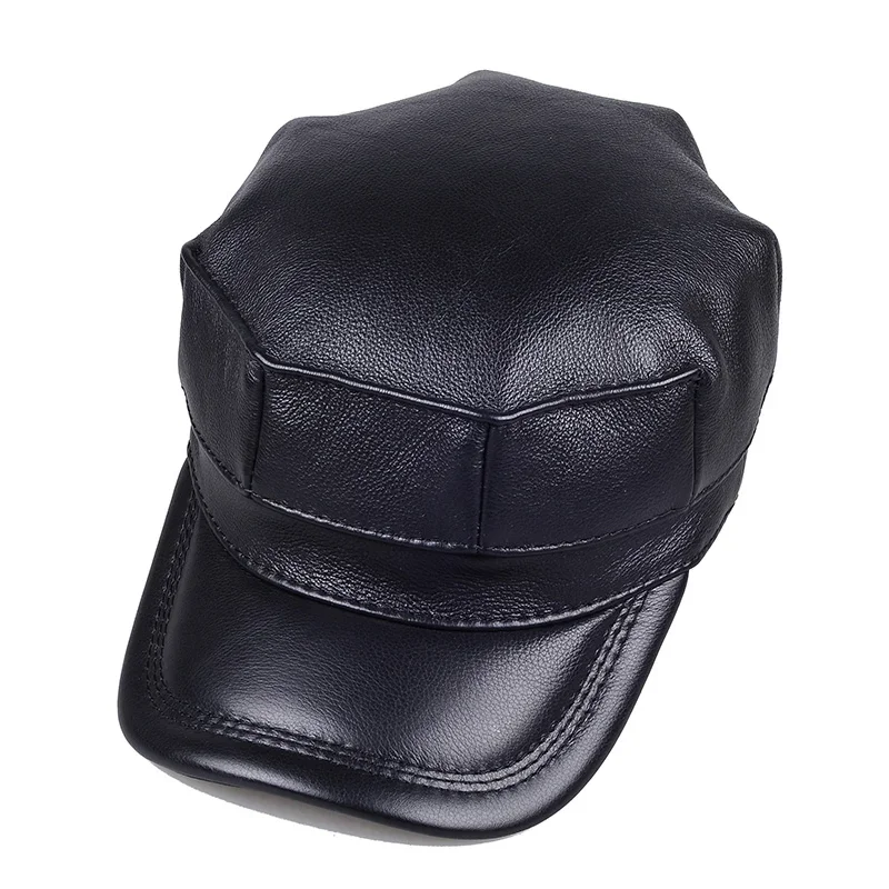 

Winter first layer cowhide flat top octagonal hat men's father warm Leather Hat ear protection military cap duck tongue cap