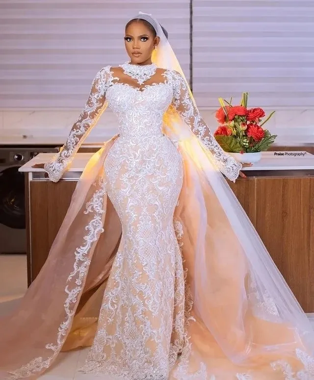 

Champagne African Wedding Dresses Mermaid Long Sleeves Tulle Lace Aso Ebi Women Bridal Wedding Gowns For Black Girls