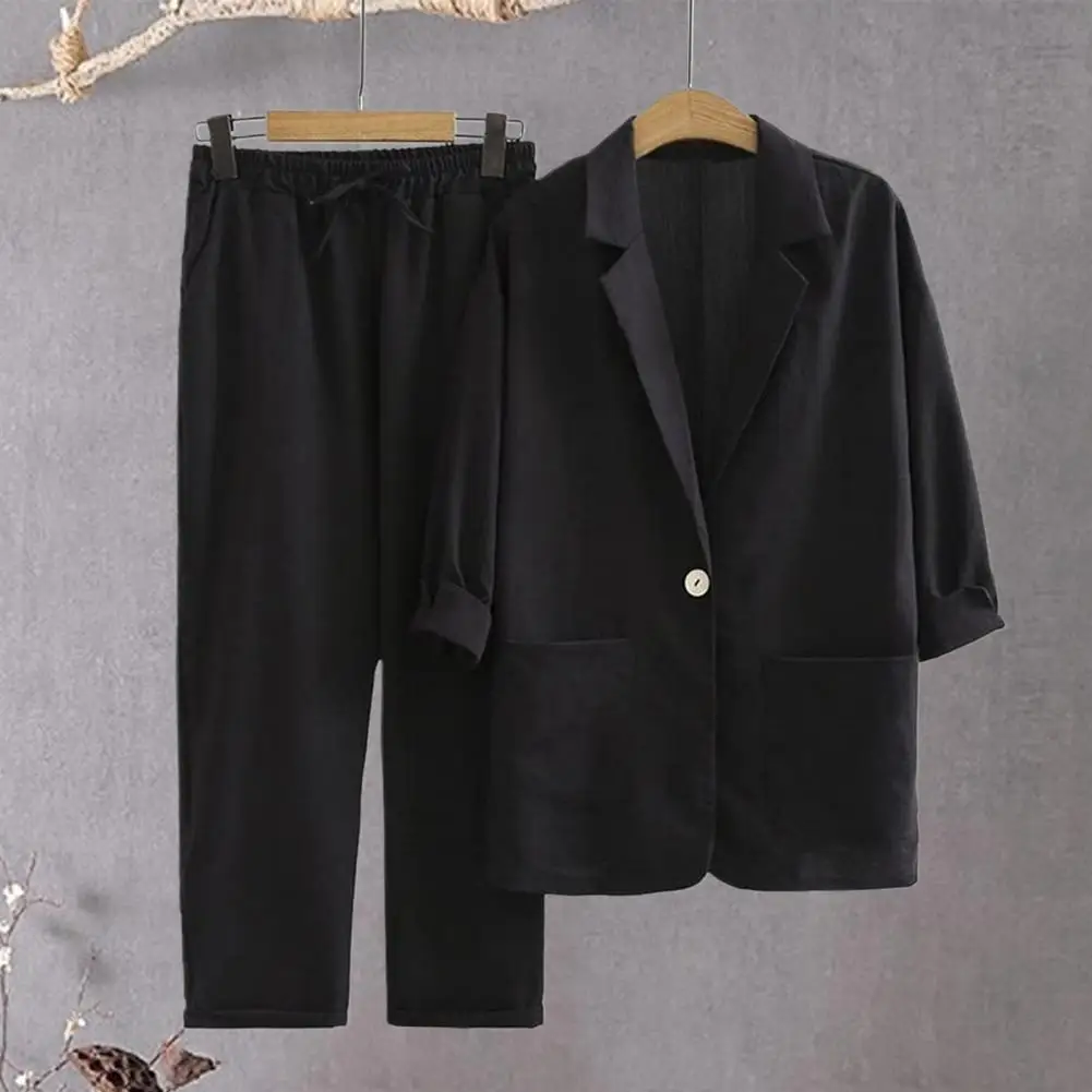 Women Pants Set Women's Casual Wide Leg Pants Set with Lapel Collar Elastic Waistband 2 Piece Spring Autumn Outfit Casual Pants