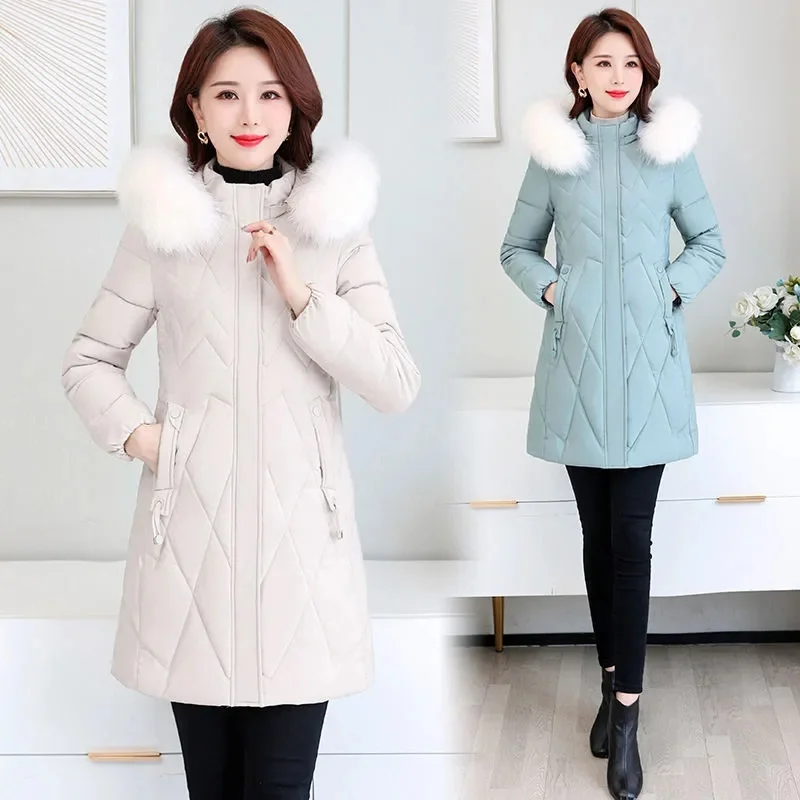 

2023New Women Winter Clothes Hooded Mid Long Down Cotton Jacket Parka Thicke Cotton Padded Coat Middle Aged Female Outerwear 4XL