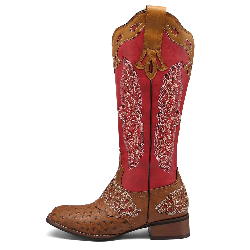 AOSPHIRAYLIAN Western Cowboy Patchwork Sewing Floral Boots For Women 2023 Knee High Retro Cowgirl Riding Women's Shoes Boots