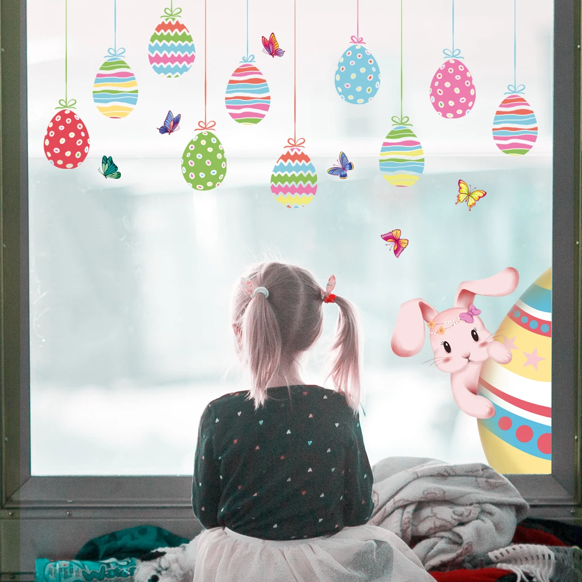 

Easter Egg Bunny Window Glass, Electrostatic Double-sided Visual Decorative Wall Paste