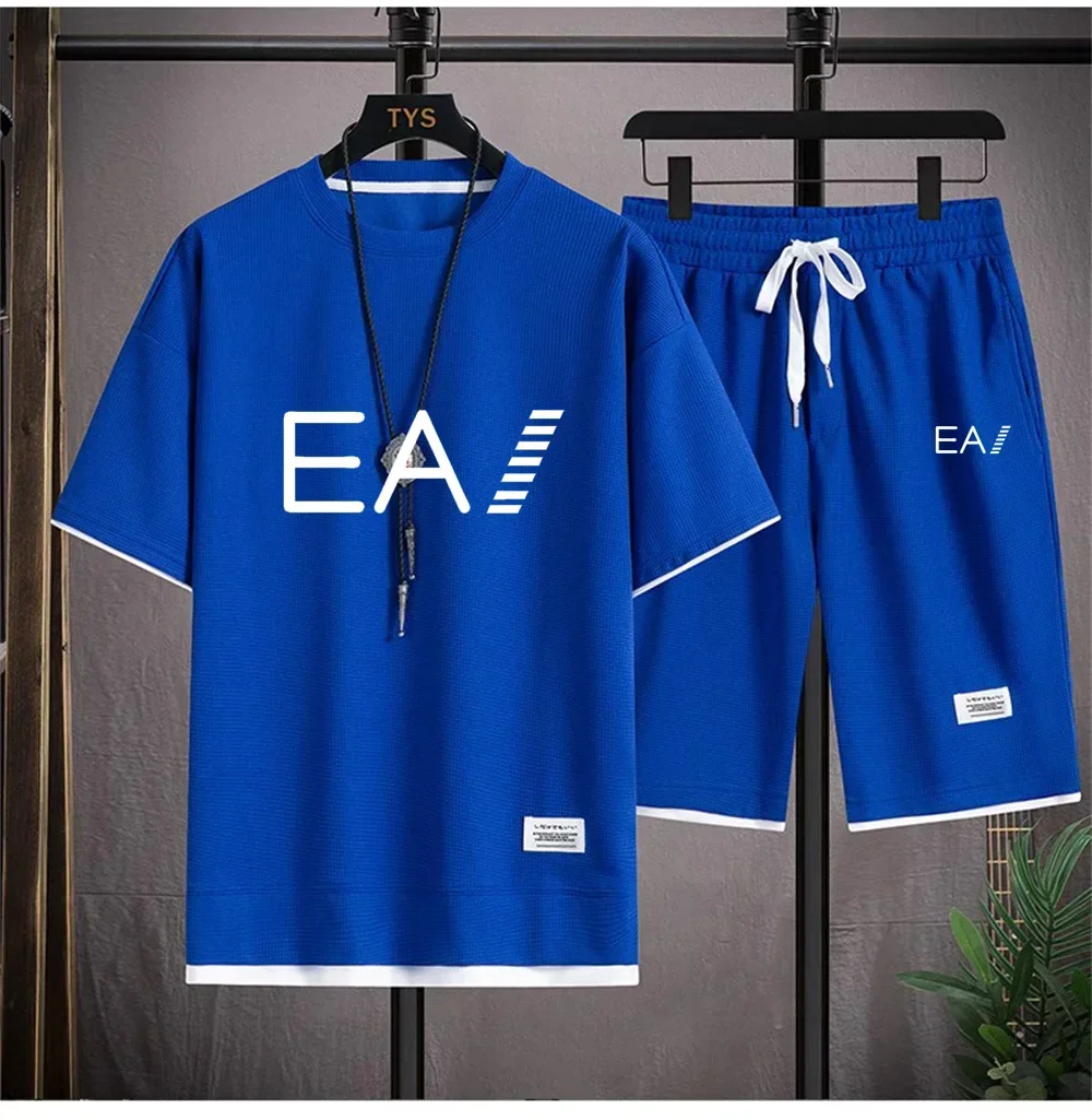 2024 man Men's New Summer Breathable Set, Round Neck Short Sleeved+two-piece Set Of 5/4 Shorts, With The Letters Ea1 Printed