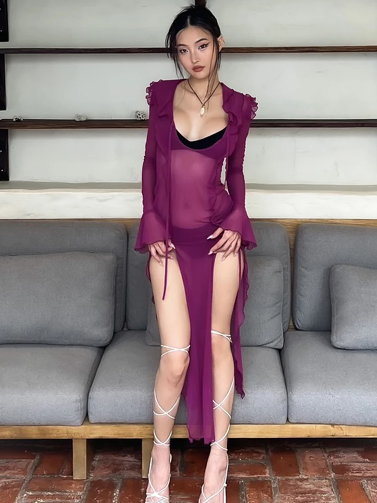 

2023 Sexy Perspective V Neck Ruffle Mesh Dress Flared Sleeves Women Summer Outfits Elegant Side Split Party Maxi Dresses A2688