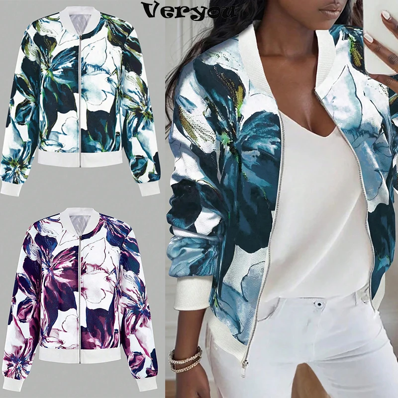 Retro Digtal Print Zipper Short Jacket Women Casual Style Autumn New Arrival Coats For Women Bomber Jacket Outerwear