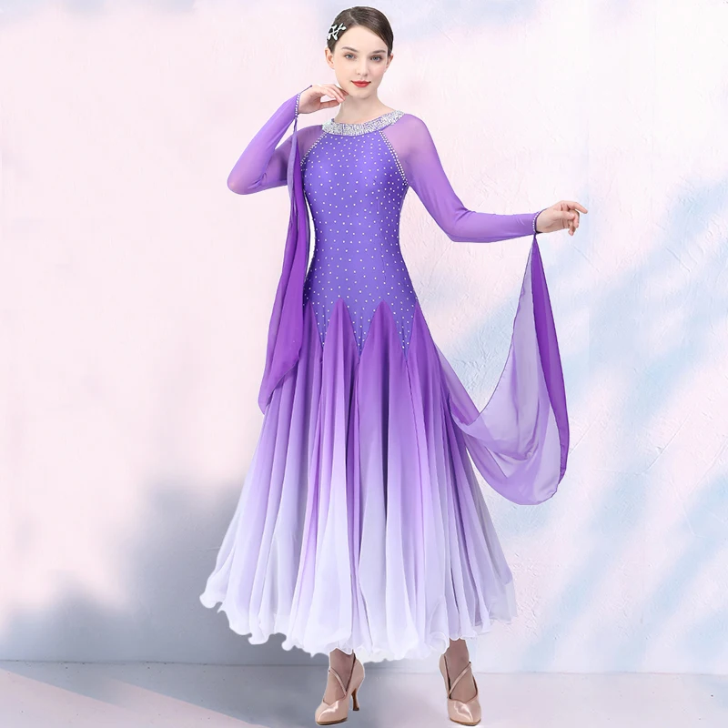 

4 Colors Long Sleeved Ballroom Dance Dress Gradient Rhinestones Competition Dress Tango Waltz Dancing Clothes Prom Dress VDB680