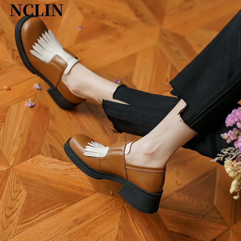 

Spring Autumn 2024 Genuine Leather Women Shoes Casual Round Toe Slip-On Loafers Thick Heel Pumps Shoes For Women Platform Shoes