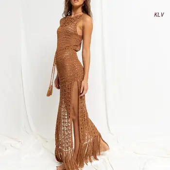 Womens Swimsuit Sunscreen Cover-Ups Tassel Long Sleeve Beachwear Dress Hollow Out Beachwear Shawl Vacation Bikinis Cover 1
