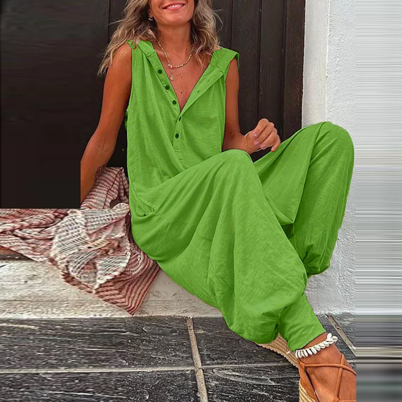 Retro Button Sleeveless Beach Romper Simple Solid Cross-pants Lady Playsuit Women Casual Loose Hooded Jumpsuit Summer Streetwear
