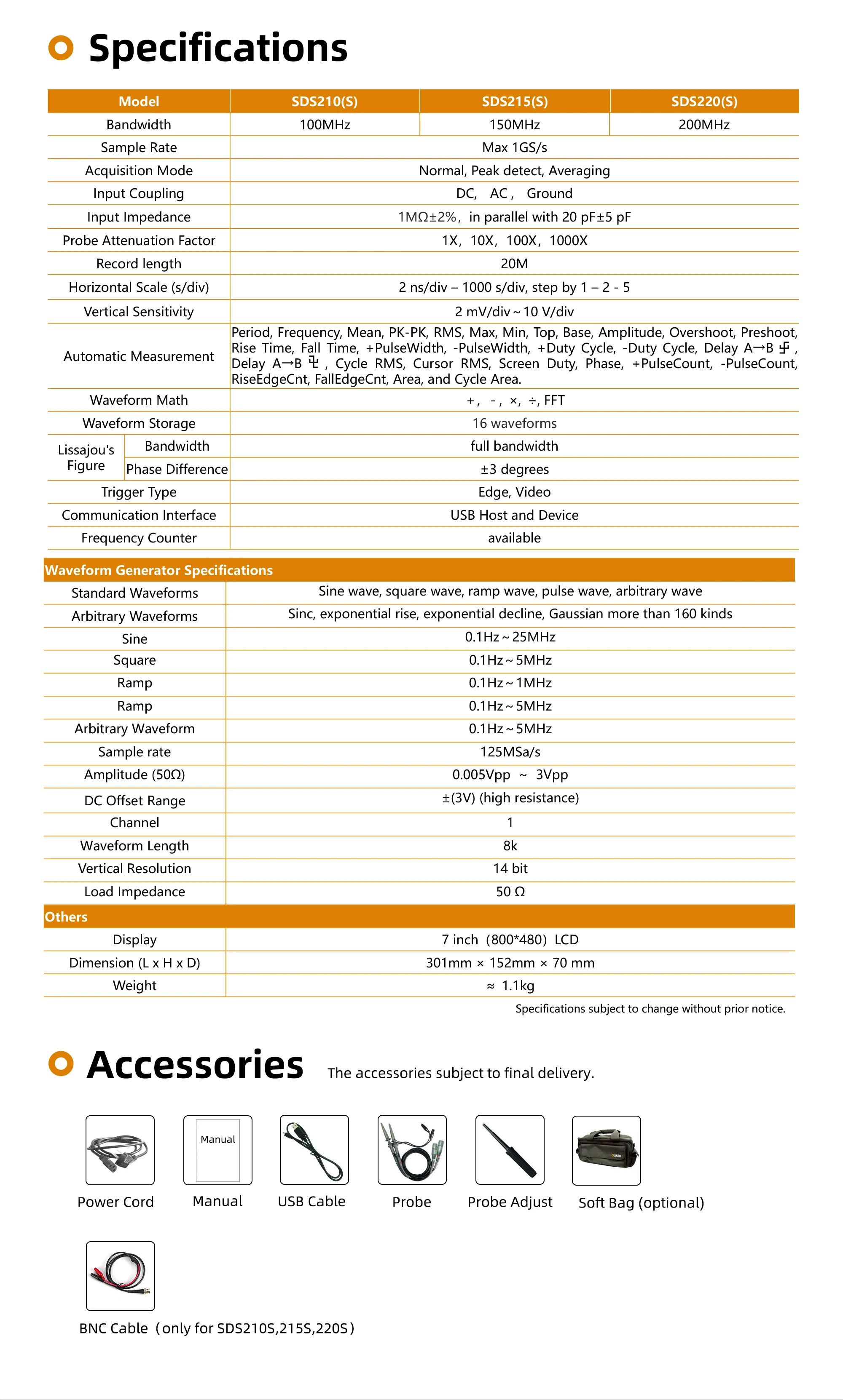 SDS200 Series Digital Oscilloscope 100-200MHz Bandwidth 2-Channel 25MHz Arbitrar
