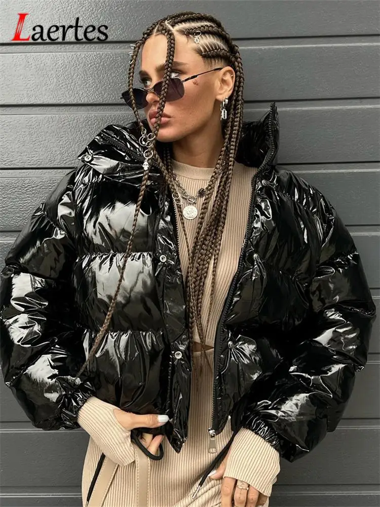 

Laertes Winter Cotton Thick Warm Short Parkas Coat Women Silver Fashion Moto Biker Style Zipper Black Padded Down Jackets Y2K