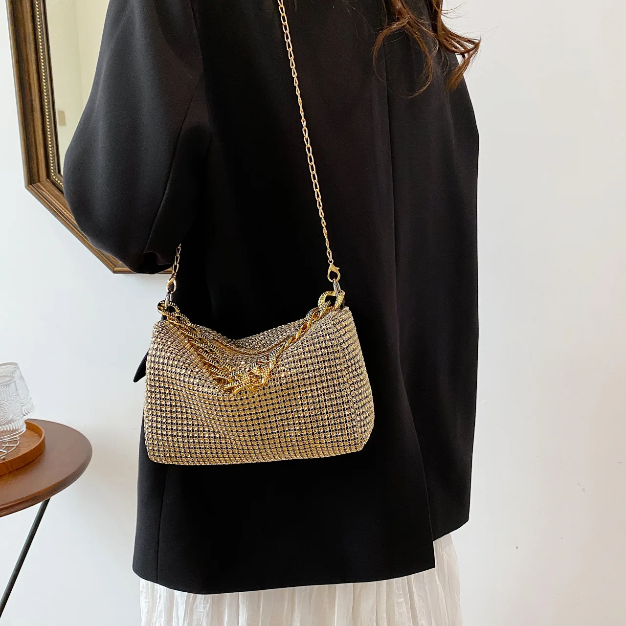 Modische Damen-Einkaufstasche, schicke Bankett-Tasche, stilvolle Umhängetasche mit hellem Diamant, modische Handtasche mit glänzenden Diamanten, Umhängetasche – Detail 33