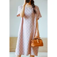 2026 New Summer Short Sleeve Sleeping Skirt 100% Cotton Yarn Weaving Jacquard Loose Pullover Mid length Plaid Skirt Home Dress - Image 5