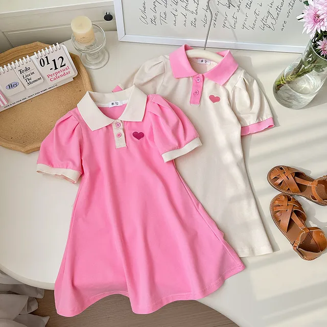 Robes Polo Élégantes pour Filles Été 2026 – Robe Tendance à Col Brodé Cœur pour Enfants de 1 à 7 Ans – Tenue de Vêtements pour Enfants 1