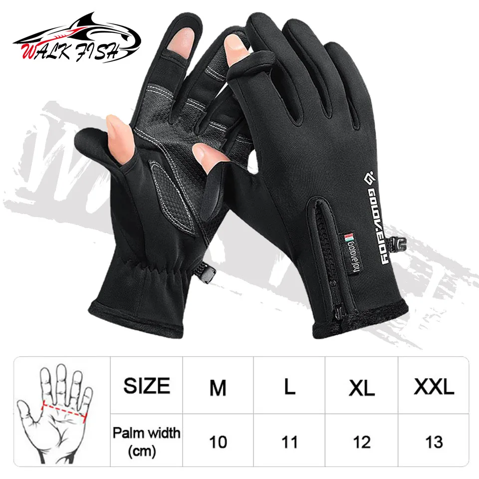 WALK FISH Waterproof Winter Fishing Gloves 2 Finger Flip Windproof Women Men Gloves Velvet Warm Protection Fish Angling
