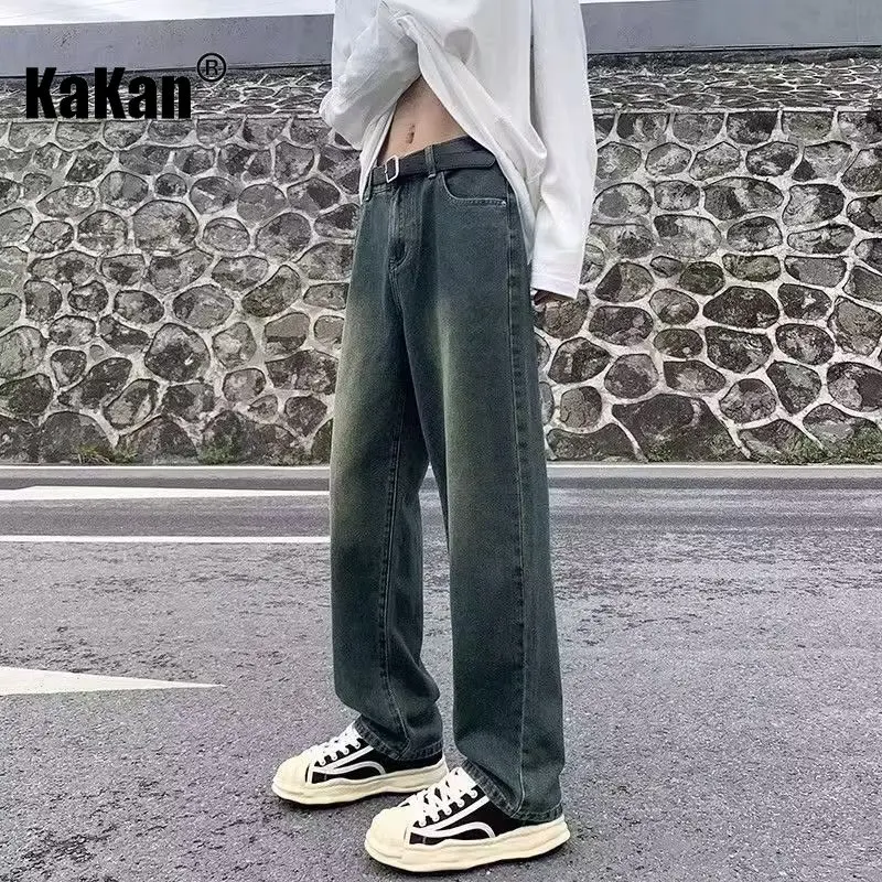 

Kakan - Europe and The United States New Retro High Street Jeans Men's, Washed Casual Loose Drape Straight Long Jeans K72-5