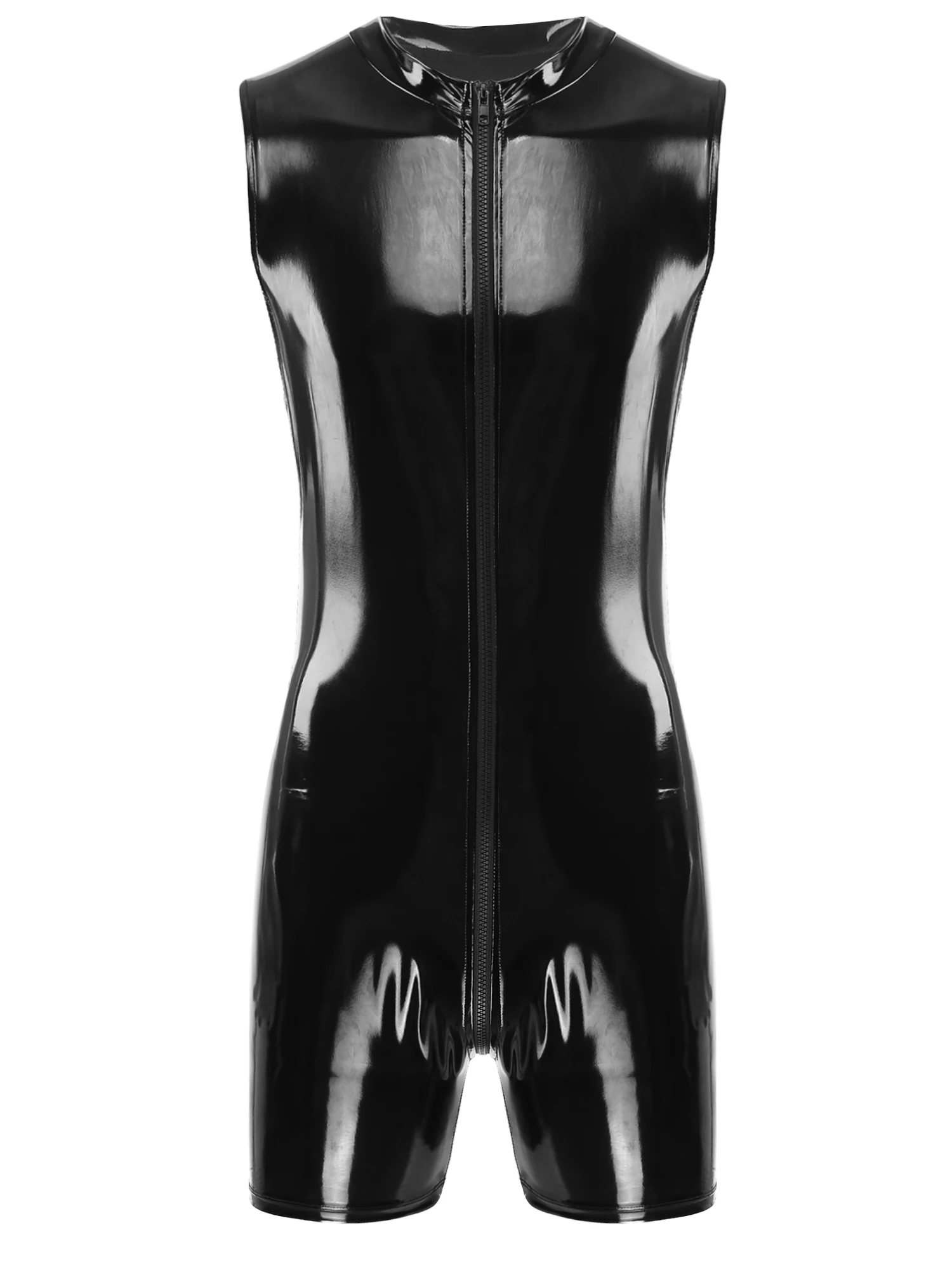 Men's Shiny Patent Leather Sleeveless Zip Up Bodysuit Exotic Costume Rave Party Clubwear for Pole Dancing Lingerie Jumpsuit