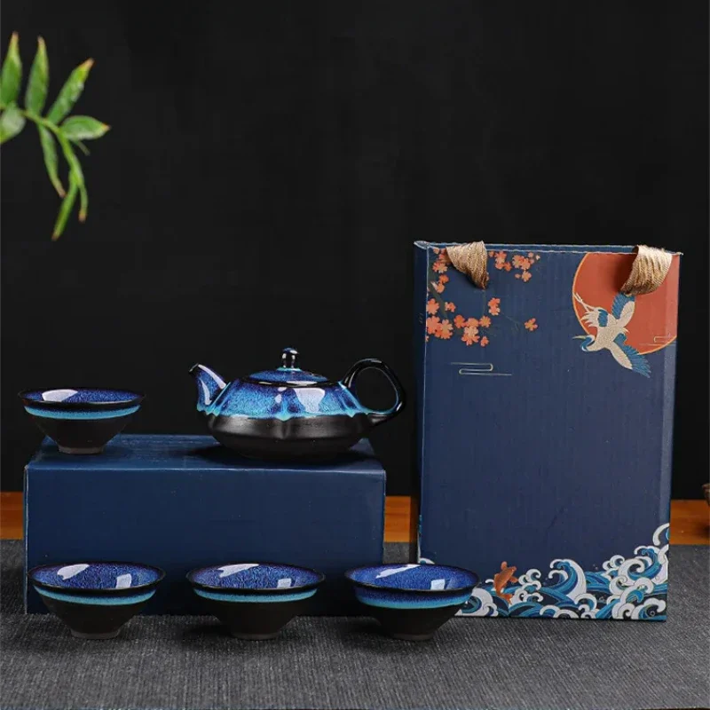 Ceramic Teapot and Teacup Set Kung Fu Tea Jun Kiln Teapot and Teacup Replacement Sand Gold Chinese Cup