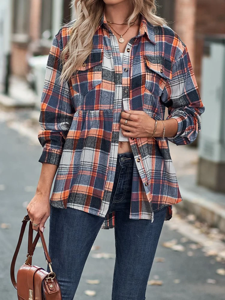 

Рубашка женская однобортная в клетку, Повседневная Блузка оверсайз с длинным рукавом, элегантный винтажный топ свободного кроя с отложным воротником, осень