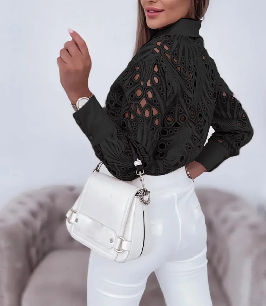 Nueva camisa de manga larga calada de encaje de moda para mujer 2025  primavera otoño elegante blusa de oficina para mujer camisas informales con  botones - AliExpress, image size:881x1013