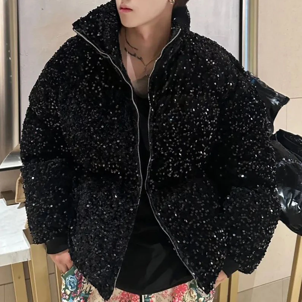 Mens sequin casual jacket genderless 2024 new autumn winter fashion personality street trend youth thickened jacket unisex