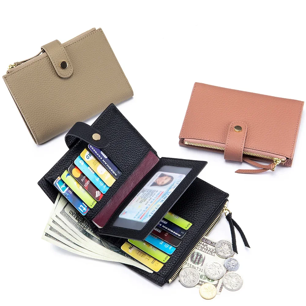Small Soft Cowhide Leather Wallet for Women High Capacity Ladies Card Holder with Zipper Pocket Genuine Leather Passport Wallet