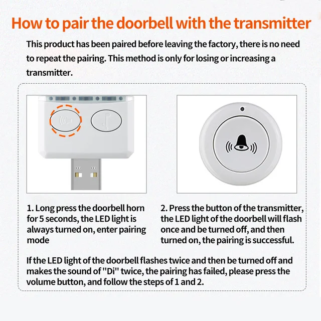RF 433MHz Wireless Doorbell DC 5V USB Remote Controll Receiver Round Single Button Transmitter Door Bell Calls 30 Ringtongs 3