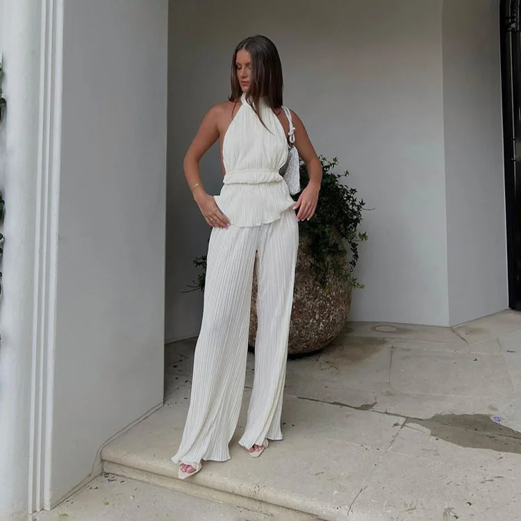 New Hanging Neck Sexy Spicy Girl Sleeveless Tank Top White Pleated High Waist Wide Leg Pants Set Female