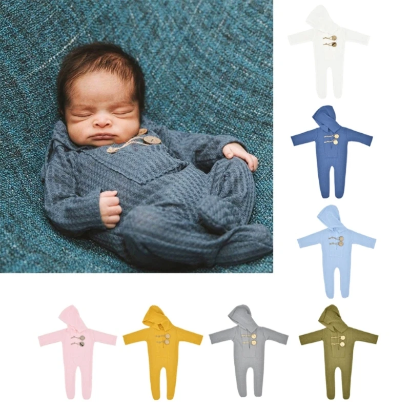 

67JC Baby Knit Photo Photography Prop Outfits Newborn Photo Prop Romper with Hood Costume Infant Accessories Quick Cleaning