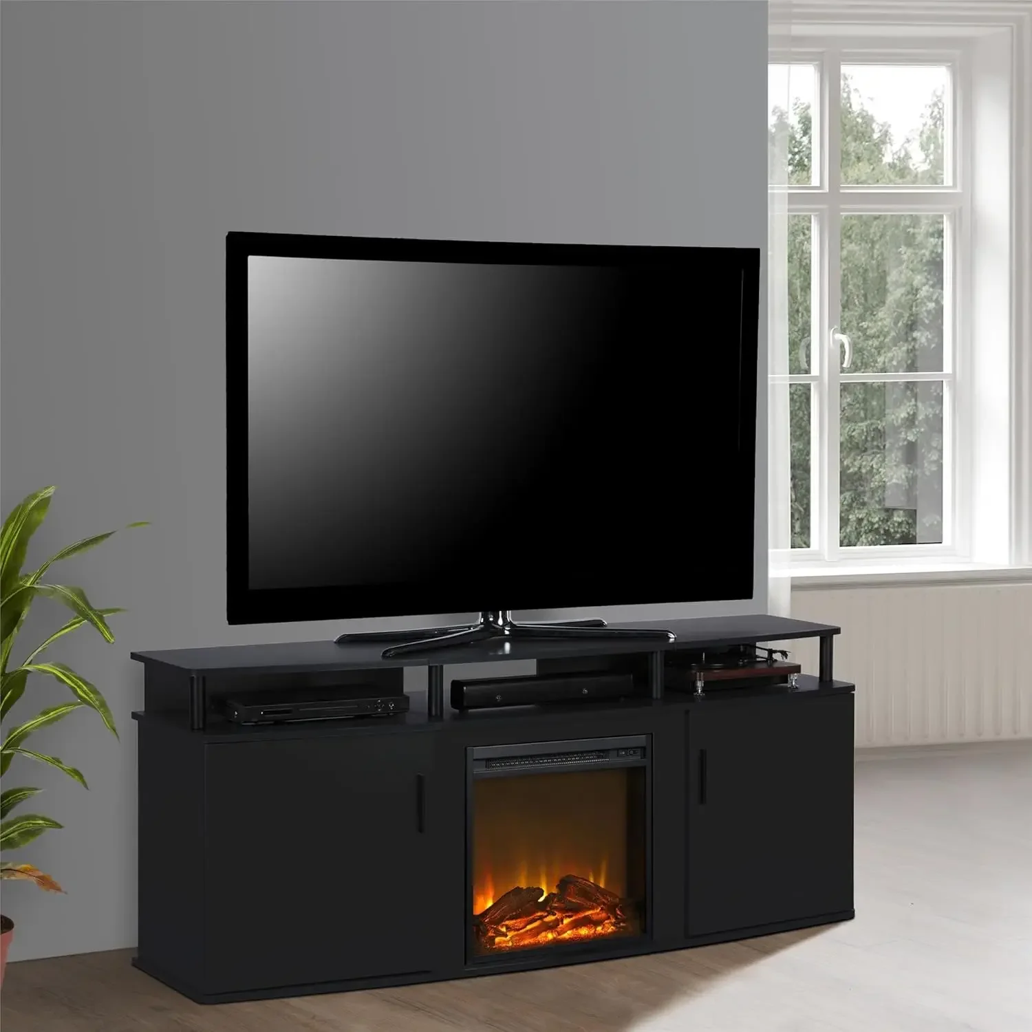 Fireplace TV Stand for TVs up to 70 Inch, Replaceable Electric Fireplace Insert Heater, Realistic Log and Flame Effect 2