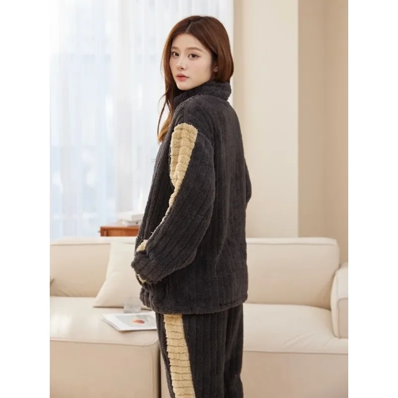 Autumn Winter Pajamas Women Household Apparel Sleep Clothes Coral Fleece Thickened Nightwear Warm Zipper Casual Housewear Suit