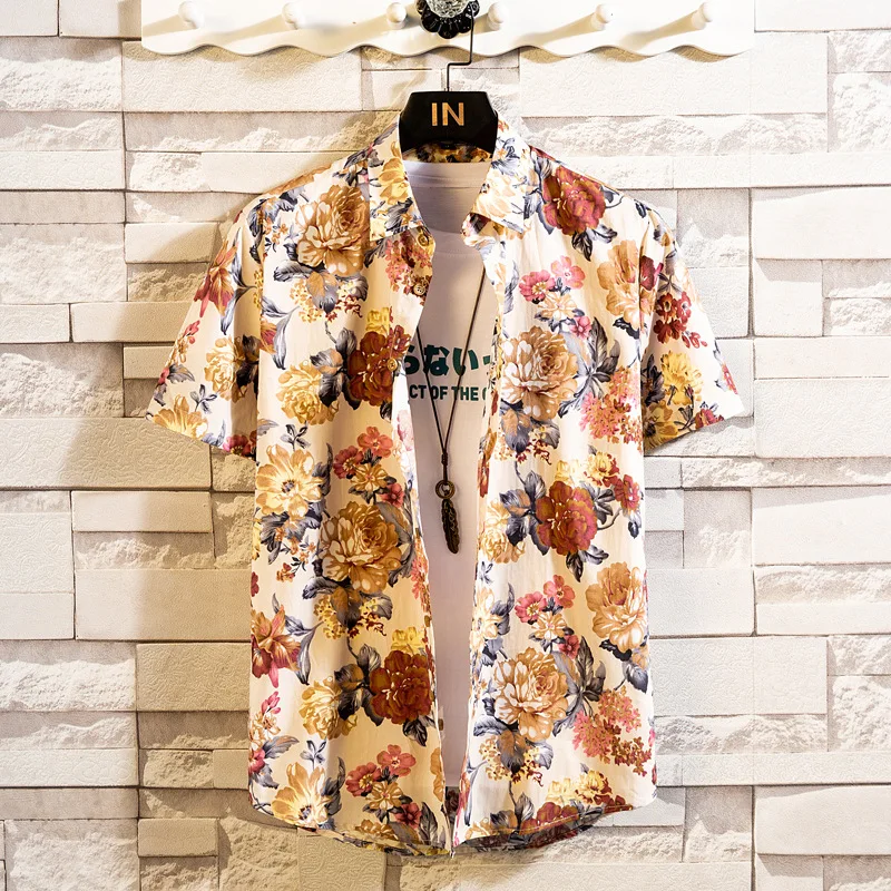 

Men's Short Sleeve Shirt Summer Large Size Loose Casual Flower Polo Shirt