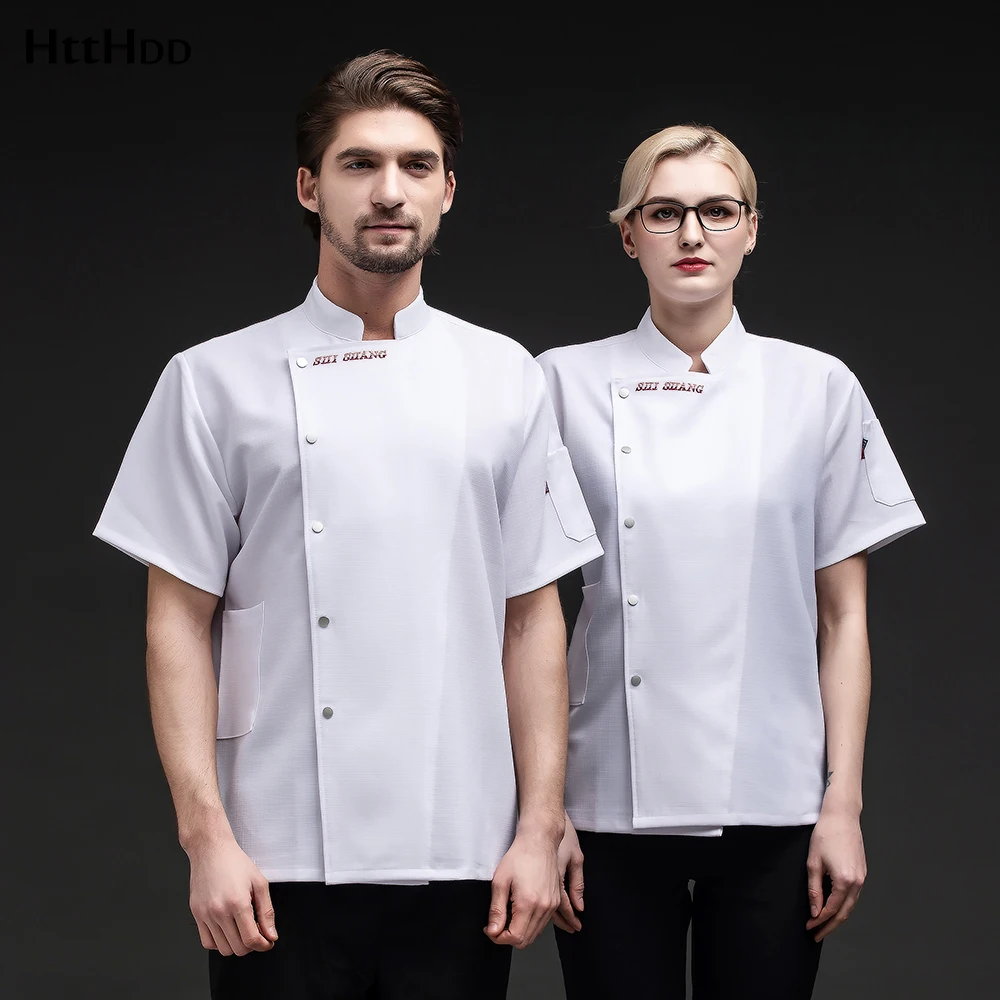 

Restaurant Single-breasted Gray Linen Chef Jacket High Quality Cooking Tops Canteen Hotel Service Short-sleeve Coats Wholesale