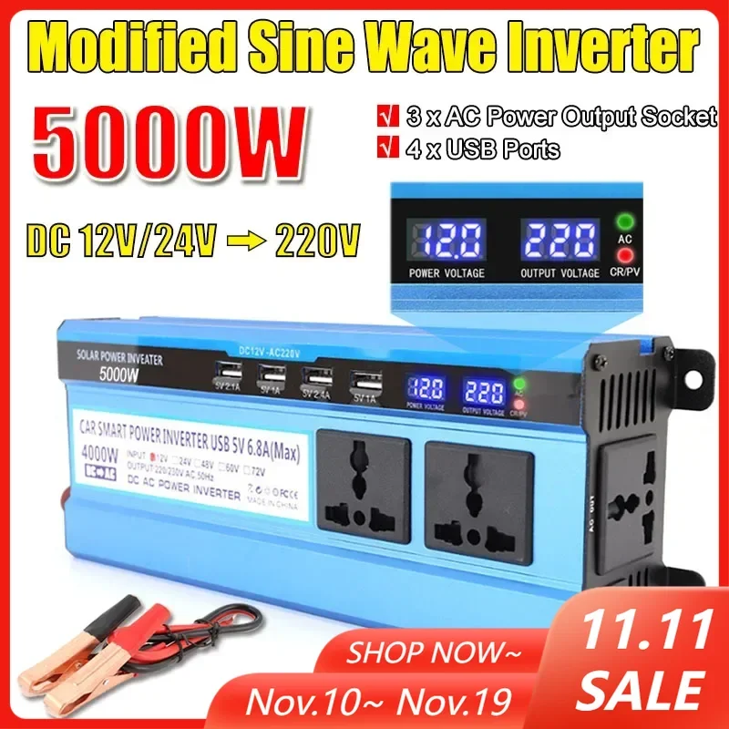 3000/4000/5000W Modified Sine Wave อินเวอร์เตอร์หม้อแปลงแรงดันไฟฟ้า4 USB พอร์ตจอแสดงผล LCD 12V/24V TO 220V แบบพกพา Transformer 1