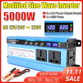 3000/4000/5000W Modified Sine Wave อินเวอร์เตอร์หม้อแปลงแรงดันไฟฟ้า4 USB พอร์ตจอแสดงผล LCD 12V/24V TO 220V แบบพกพา Transformer 1