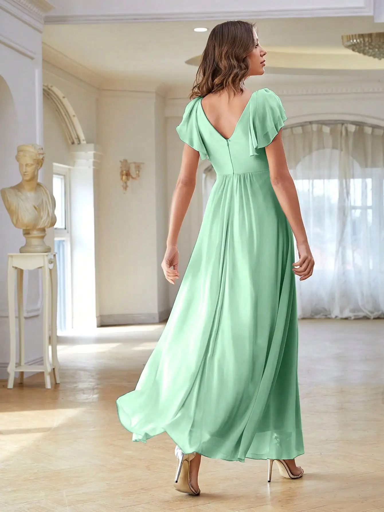 Unithorse Solid Ruffle Trim Chiffon Bridesmaid Dress