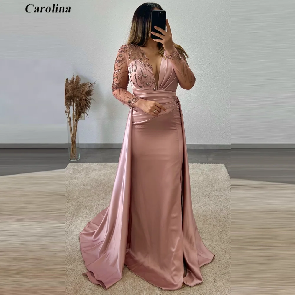 

Deep V-Neck Prom Gown Satin Long Sleeves High Split Sequined Occasion Dress Robe De Soirée Women Ruched Evening Party Dress