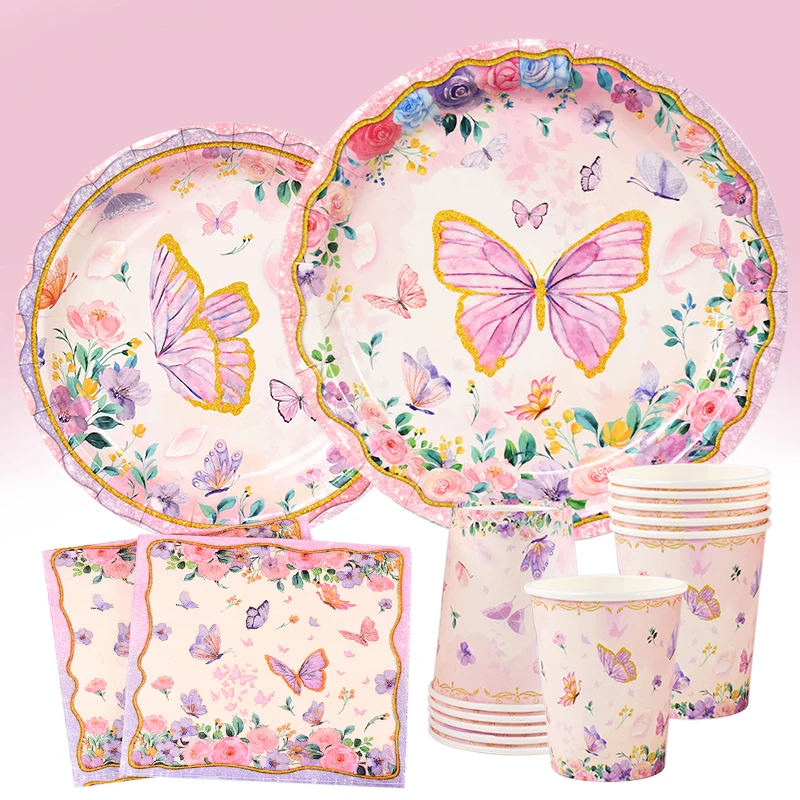 Pink Butterfly Disposable Tableware Set Paper Plates Cup Tablecloth Girls Butterfly Theme Birthday Party Decoration Supplies