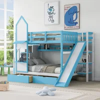 Playhouse Style Bunk Size with Slide and 2 Drawers for Kids Teens, Solid Wood Bunk Bed Frame with Storage Stairs and Shelves 1