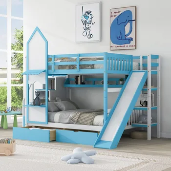 Playhouse Style Bunk Size with Slide and 2 Drawers for Kids Teens, Solid Wood Bunk Bed Frame with Storage Stairs and Shelves 1