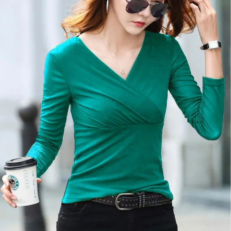 

Spring Autumn New Women's Solid Color Pullovers V-Neck Folds Spliced T-shirt Long Sleeve Fashion Simplicity Slim Office Lady Top