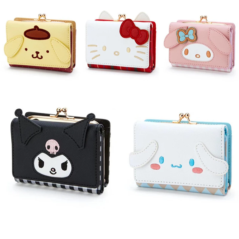 Sanrio Hello Kitty Purse Cinnamoroll Cute Wallet PU Kuromi Pudding Card Bag Pompom Purin Kuromi My Melody Coin Pouch Purse plush coin purse,fashion handbag