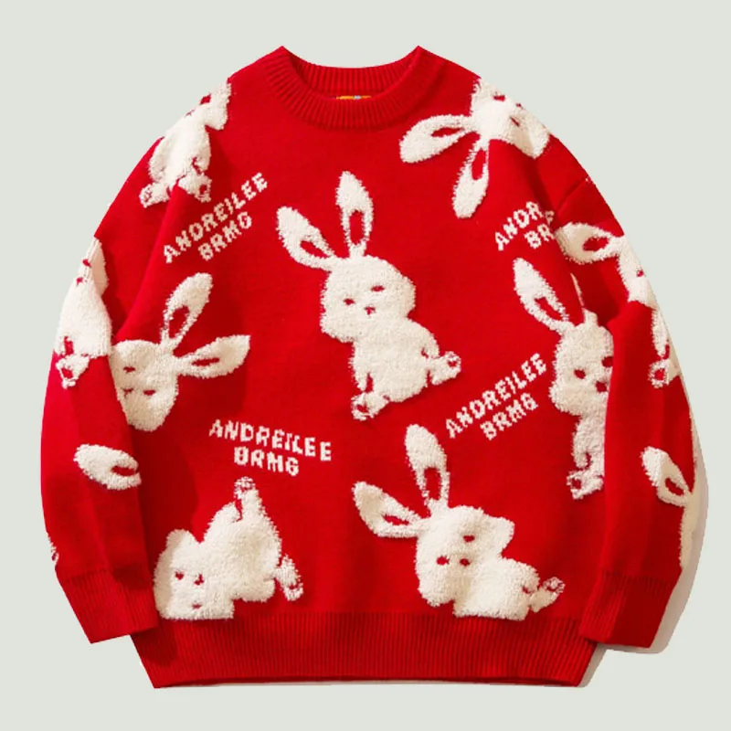 

Hip Hop Red Knitted Sweater Mens Lamb Rabbit Letters Embroidery Jumpers Oversized Harajuku Casual Loose O-neck Pullover Unisex