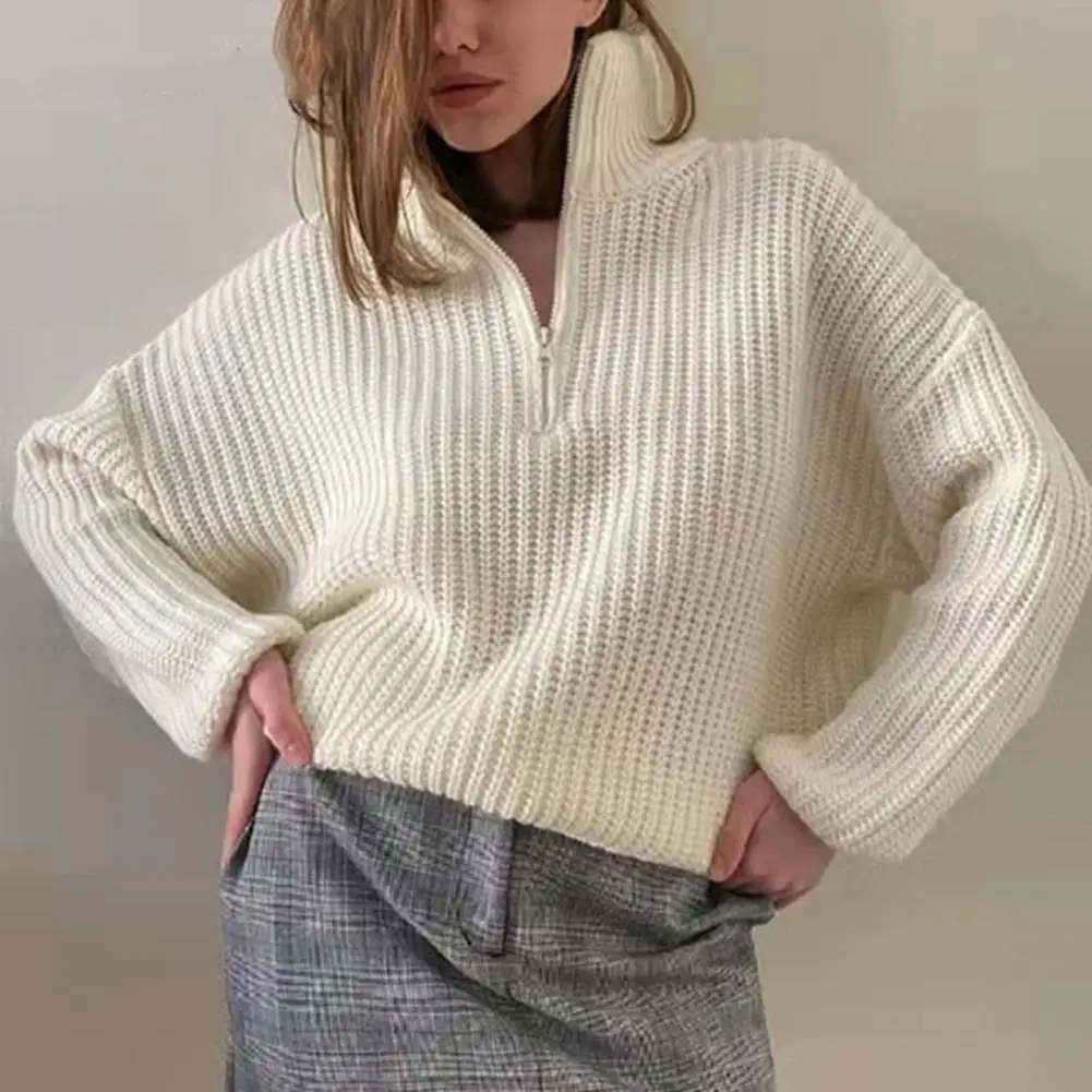 

Autumn Oversize Knitted Sweater Women Vintage Pullover Baggy Long Sleeve Zipper Sweaters Lady Half High Collar Korean